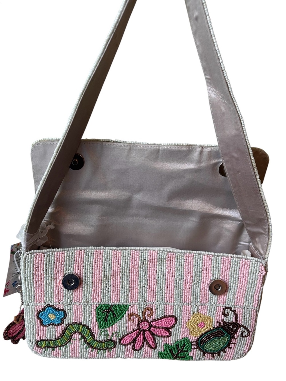 Pink & Mint Green Beaded Garden Insect Motif Shoulder Bag - Picture 6 of 7